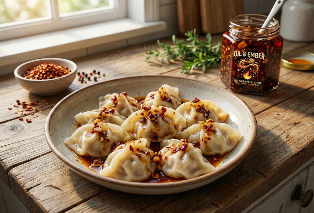 Dumplings topped with Oil & Ember Co. chilli crisp