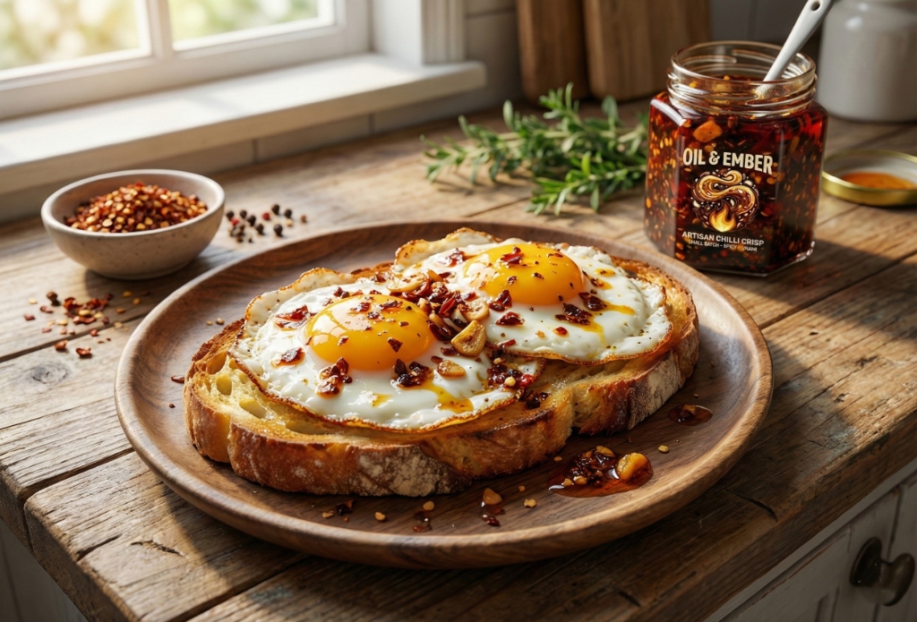 Fried eggs on toast topped with Oil & Ember Co. chilli crisp